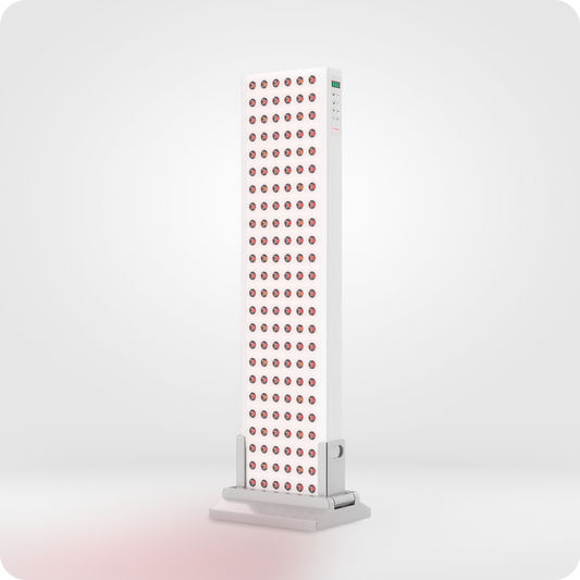 LED light therapy device with a gradient of pink to red on a white background